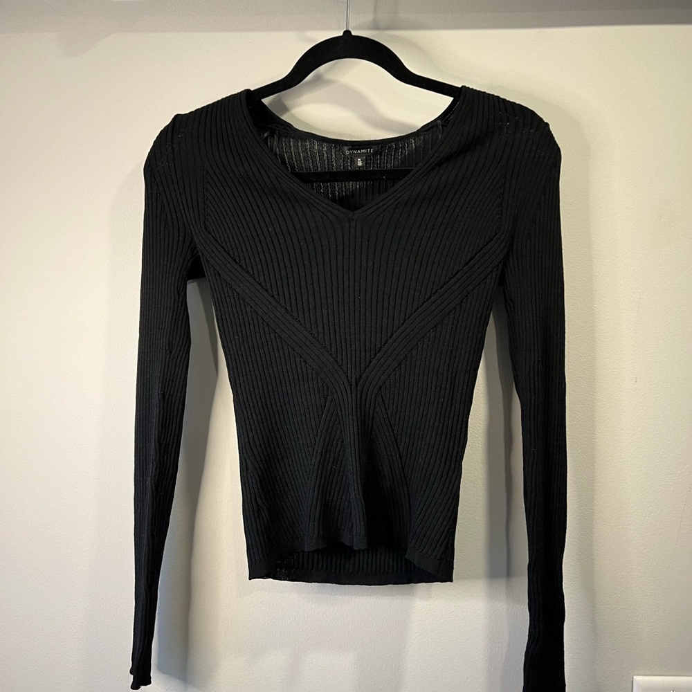Dynamite semi sheer detail, black long sleeve v neck ribbed knit blouse, medium